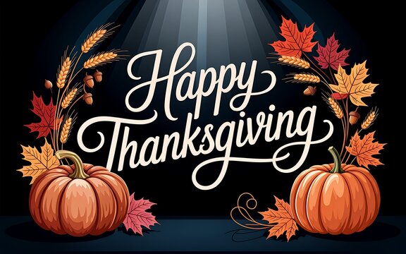 Happy Thanksgiving celebration with pumpkins and fall leaves on black background
