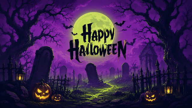 Spooky Halloween Night Scene with Full Moon and Pumpkin Lanterns in Graveyard
