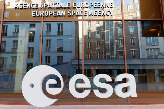 PARIS, FRANCE - March 15, 2026 : The logo of European Space Agency ESA headquarters located on rue Mario Nikis in 15th district of Paris . ESA remains at the forefront of space research and