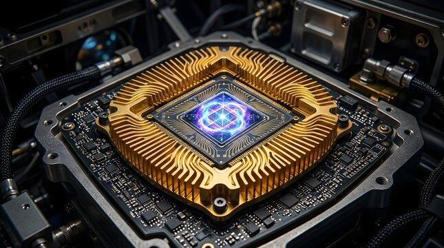 A high performance golden computer processor chip featuring glowing blue energy core circuitry designed with intricate metallic geometric patterns throughout