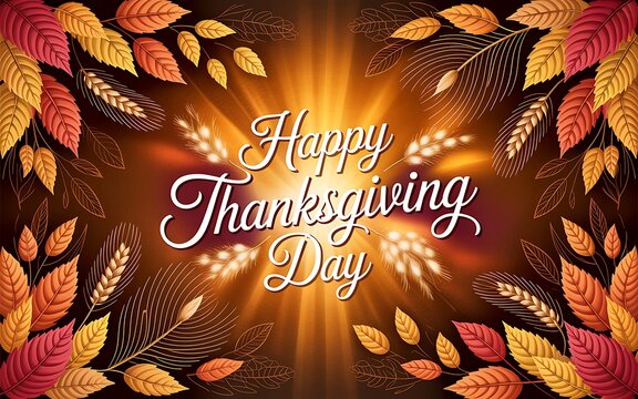 Happy Thanksgiving Day celebration with autumn leaves and sunburst background