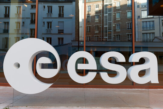 PARIS, FRANCE - March 15, 2026 : The logo of European Space Agency ESA headquarters located on rue Mario Nikis in 15th district of Paris . ESA remains at the forefront of space research and