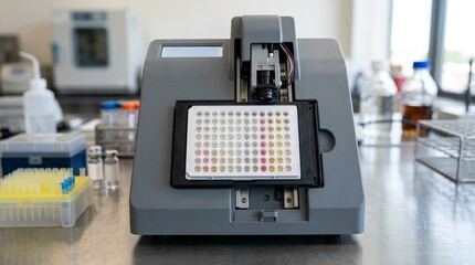 Fototapeta premium Antimicrobial susceptibility testing MIC panel card loaded into an automated reader in a microbiology laboratory – Medical Laboratory Stock Photo, No People