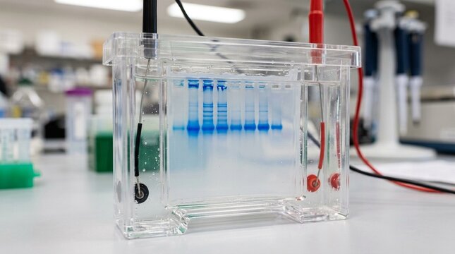Gel electrophoresis apparatus with a loaded agarose gel running and blue tracking dye visible migrating through the gel &ndash; Medical Laboratory Stock Photo, No People
