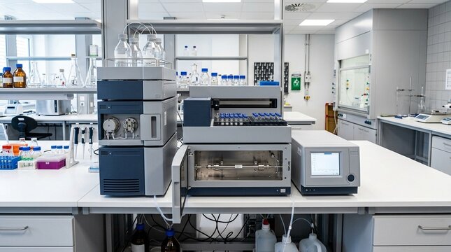 High-performance liquid chromatography HPLC system with a column and a UV detector and an autosampler in a toxicology lab &ndash; Medical Laboratory Stock Photo, No People