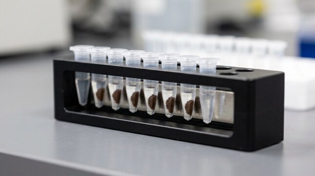 Magnetic bead separation rack with strip tubes containing beads pulled to one side during a nucleic acid purification step &ndash; Medical Laboratory Stock Photo, No People