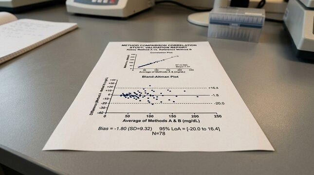 Method comparison correlation study data printout with a Bland-Altman plot on a laboratory validation desk &ndash; Medical Laboratory Stock Photo, No People