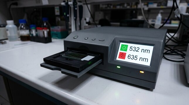 Microarray scanner with a loaded glass slide and laser excitation wavelength indicators on the display panel &ndash; Medical Laboratory Stock Photo, No People