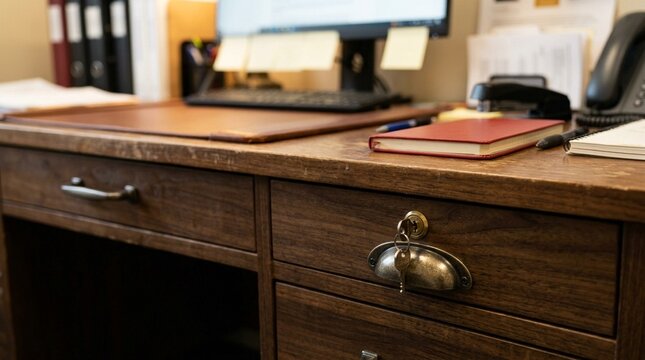 Subject identification code list with a master key linking patient names to trial IDs in a locked cabinet on a PI desk &ndash; Medical Laboratory Stock Photo, No People