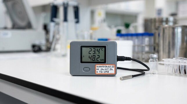 Temperature and humidity monitoring datalogger with a probe on a clinical laboratory bench showing a calibration sticker &ndash; Medical Laboratory Stock Photo, No People
