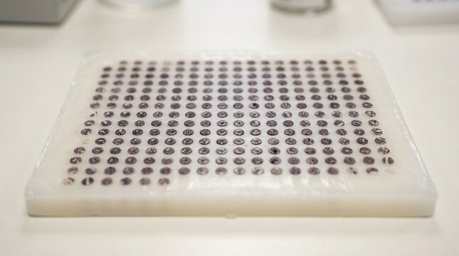 Tissue microarray block with a grid of small tissue cores embedded in paraffin on a histopathology laboratory bench extreme macro &ndash; Medical Laboratory Stock Photo, No People