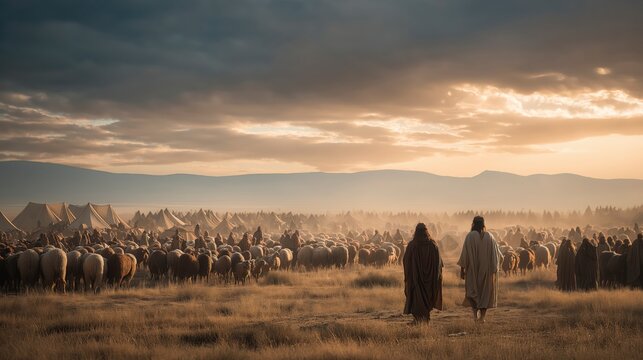 Jacob and Esau part peacefully after their reconciliation, each leading his family, servants, and flocks in a different direction, reflecting forgiveness, restored relationships, and God&rsquo;s faithful gu