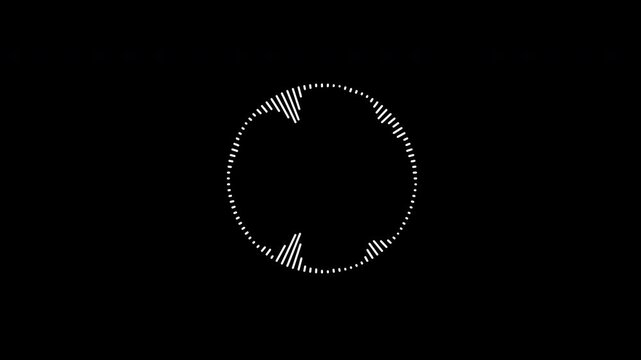 Circular audio waveform visualizer with white radiating lines on a black background for music production and sound frequency representation for video editing and motion graphics with alpha channel