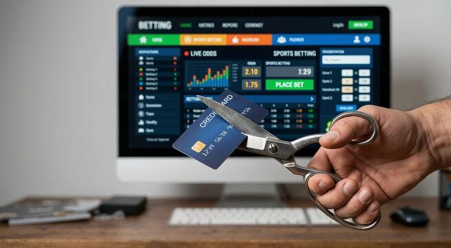 Hand cutting a credit card with scissors. Blurred online sports betting website on computer monitor in background. Stopping gambling addiction concept