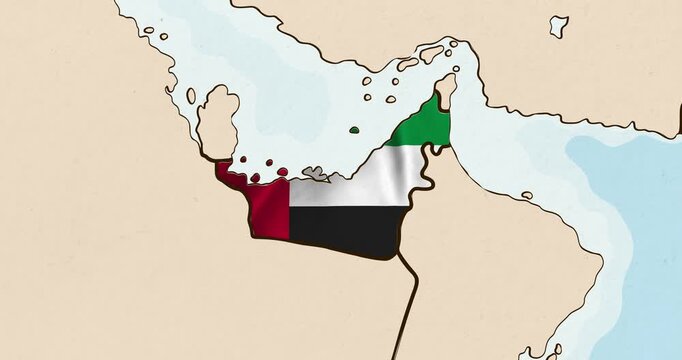Motion graphic video of the united arab emirates flag waving inside the country on a world map