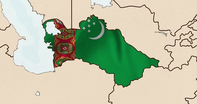 Motion graphic video of the turkmenistan flag waving inside the country on a world map