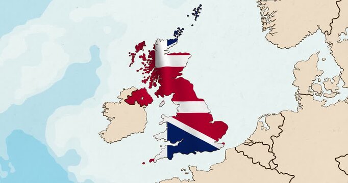 Motion graphic video of the united kingdom flag waving inside the country on a world map