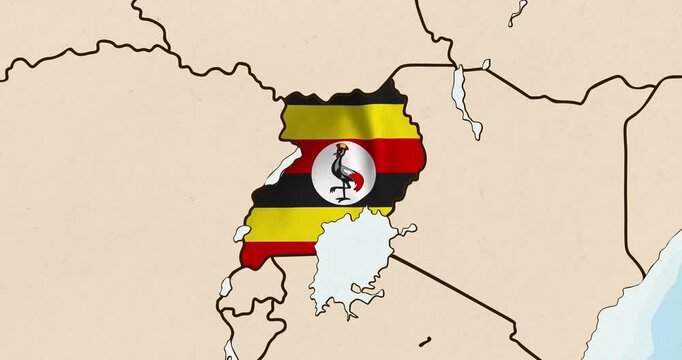 Motion graphic video of the uganda flag waving inside the country on a world map