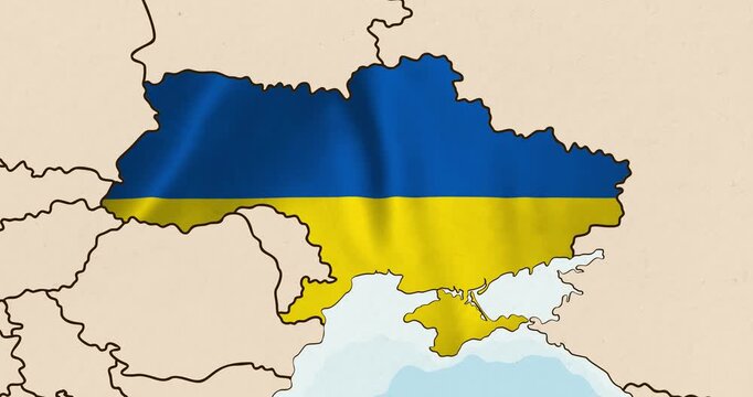 Motion graphic video of the ukraine flag waving inside the country on a world map