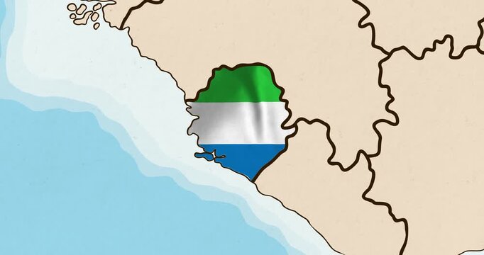 Motion graphic video of the sierra leone flag waving inside the country on a world map