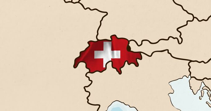 Motion graphic video of the switzerland flag waving inside the country on a world map