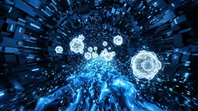 Futuristic tunnel glowing virus digital particle blue neon cyber corridor abstract digital energy data stream cyber space swirl tech background light