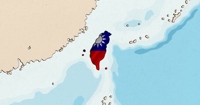 Motion graphic video of the taiwan flag waving inside the country on a world map