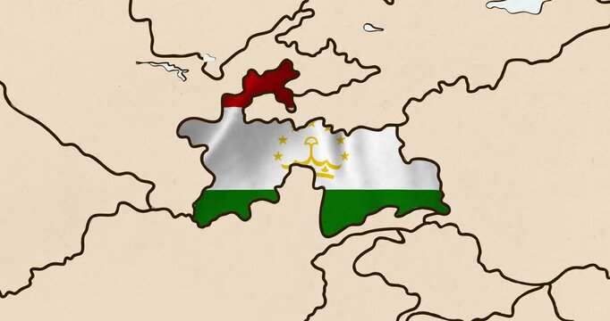 Motion graphic video of the tajikistan flag waving inside the country on a world map