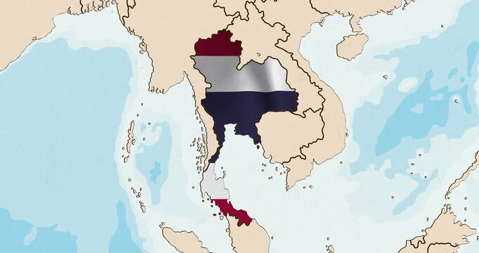 Motion graphic video of the thailand flag waving inside the country on a world map