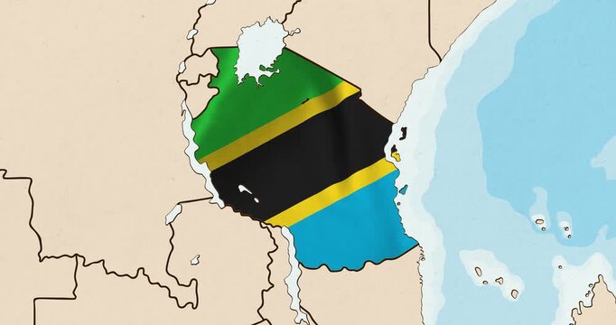 Motion graphic video of the tanzania flag waving inside the country on a world map