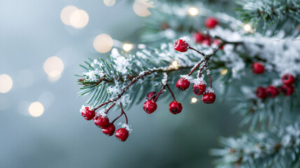 Fototapeta premium A festive pine branch covered in snow and vibrant red berries. Soft, glowing bokeh lights create a warm, cozy holiday atmosphere during the winter season.