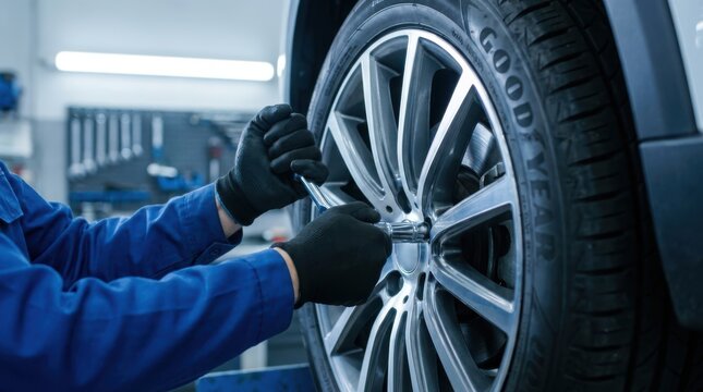 Close up of mechanic hands in black gloves tightening car wheel nuts with lug wrench.