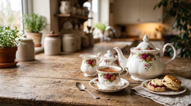 Elegant floral porcelain tea set with fresh tea and scones on a rustic wooden table in a cozy country kitchen