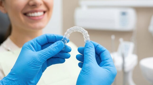 Dentist holding clear plastic dental aligner in front of smiling female patient during orthodontic treatment.