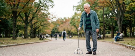 Obraz premium Elderly Asian man walking with quad cane in park. Senior male using walking stick for mobility support outdoors. Geriatric health and rehabilitation concept