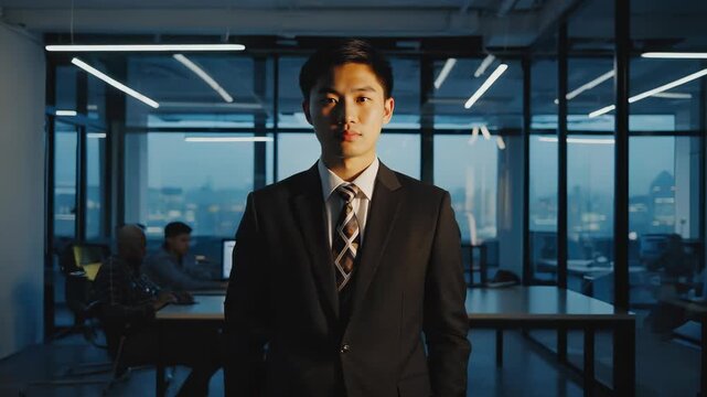 Young Asian Businessman in Modern Office &ndash; Focused Professional Portrait with City View at Night