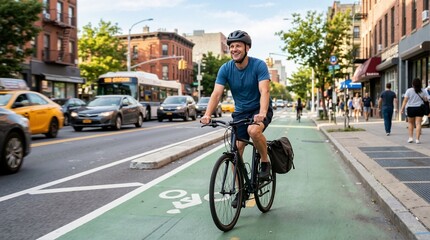Fototapeta premium Happy man riding a bicycle in the city. Urban cyclist commuting on a bike lane in a busy street