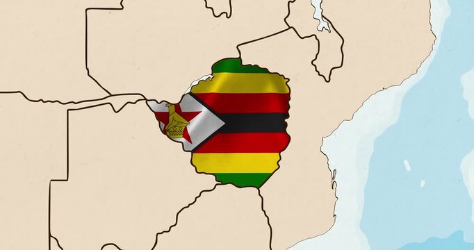 Motion graphic video of the zimbabwe flag waving inside the country on a world map