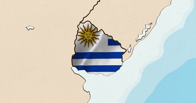 Motion graphic video of the uruguay flag waving inside the country on a world map