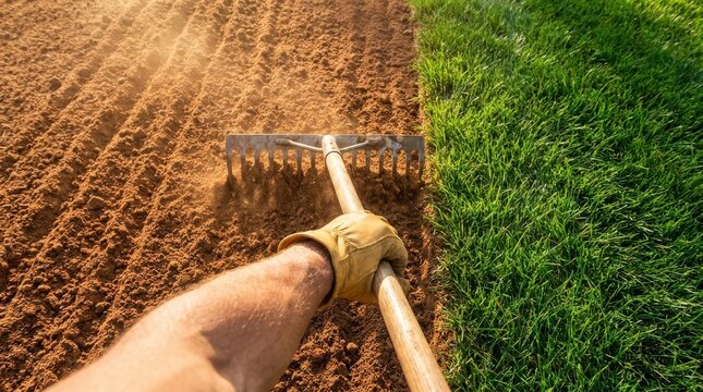 Farmer hand wearing leather glove holding metal rake preparing soil surface for new planting near green grass border.