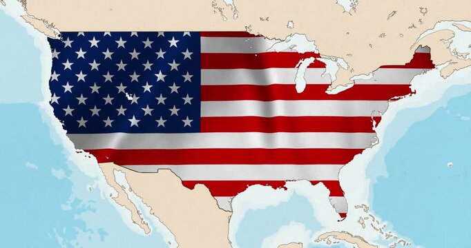 Motion graphic video of the united states of america flag waving inside the country on a world map
