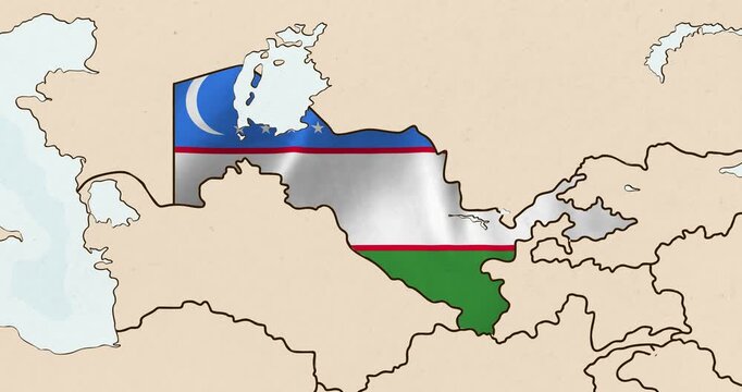 Motion graphic video of the uzbekistan flag waving inside the country on a world map
