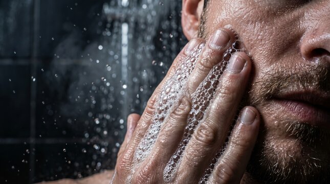 Close Up Man Washing Face with Lathering Foam in Shower