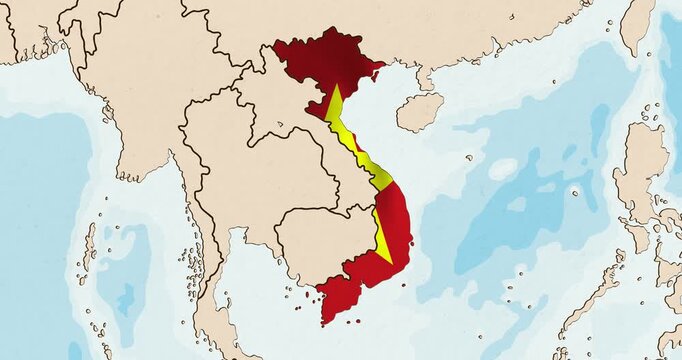 Motion graphic video of the vietnam flag waving inside the country on a world map