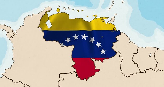 Motion graphic video of the venezuela flag waving inside the country on a world map