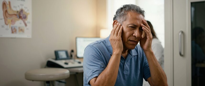 Senior man suffering from ear pain or tinnitus in medical clinic. Mature male patient holding head in pain during doctor visit