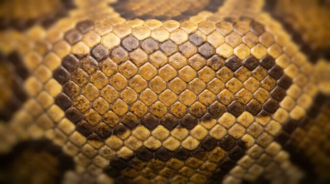 Macro photography of detailed brown yellow python snake skin texture pattern background wildlife reptile surface.