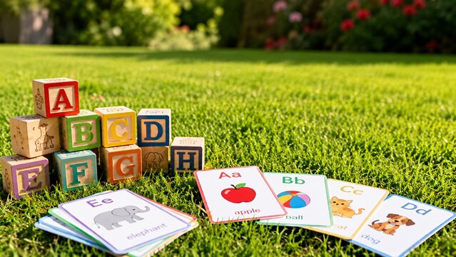 English flashcards and wooden alphabet blocks scattered on fresh green grass