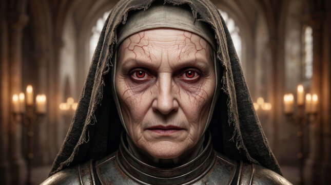 Elderly Woman Warrior Nun Red Eyes Dark Church Interior