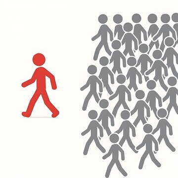 Green stick figure walking opposite to grey crowd concept